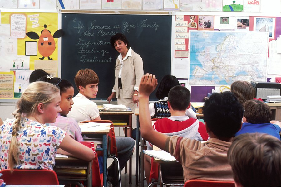 A teacher at the blackboard and pupils with raised hands in a classroom with a map of Europe